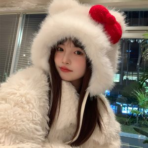 Thickened Warm Lei Feng Hat with Red Bow | Cute Plush Cap for Winter Fashion