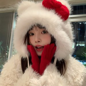Thickened Warm Lei Feng Hat with Red Bow | Cute Plush Cap for Winter Fashion