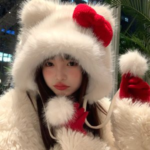 Thickened Warm Lei Feng Hat with Red Bow | Cute Plush Cap for Winter Fashion