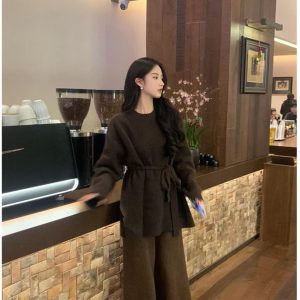 Thigh-Length Waist-Tied Sweater Dress for Women - Lazy Chic Style, High-End Design, Perfect for 90s and Y2K Fashion Lovers