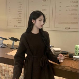 Thigh-Length Waist-Tied Sweater Dress for Women - Lazy Chic Style, High-End Design, Perfect for 90s and Y2K Fashion Lovers