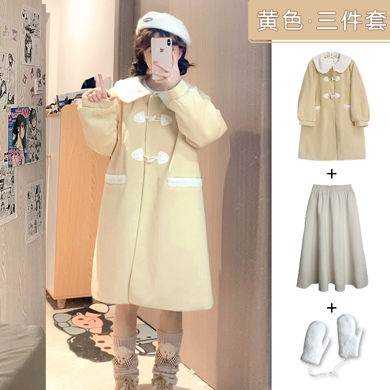 Three-Piece Set: Pudding Bear JK Uniform Doll Collar Toggle Woolen Coat for Women - 2024 Winter Fashion