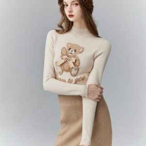 Toffee Hazelnut Knitted Little Bear Top - Spring Summer Girl's Base Shirt, Cute Casual Outfit for Kids, Perfect for 90s Y2K Style
