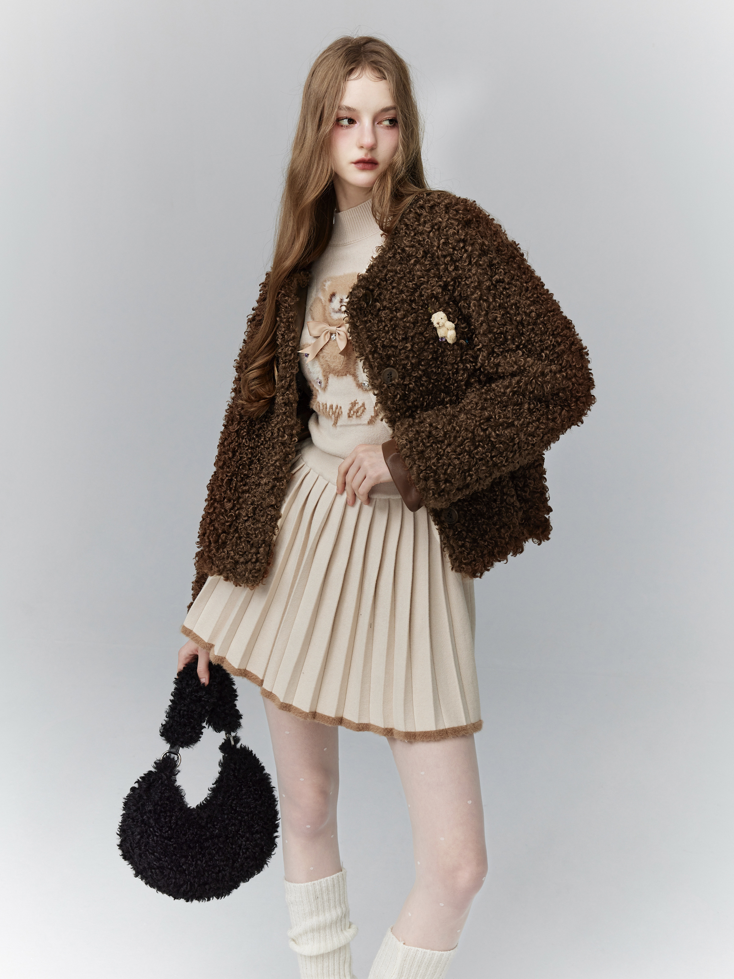 Toffee Hazelnut Knitted Little Bear Top - Spring Summer Girl's Base Shirt, Cute Casual Outfit for Kids, Perfect for 90s Y2K Style