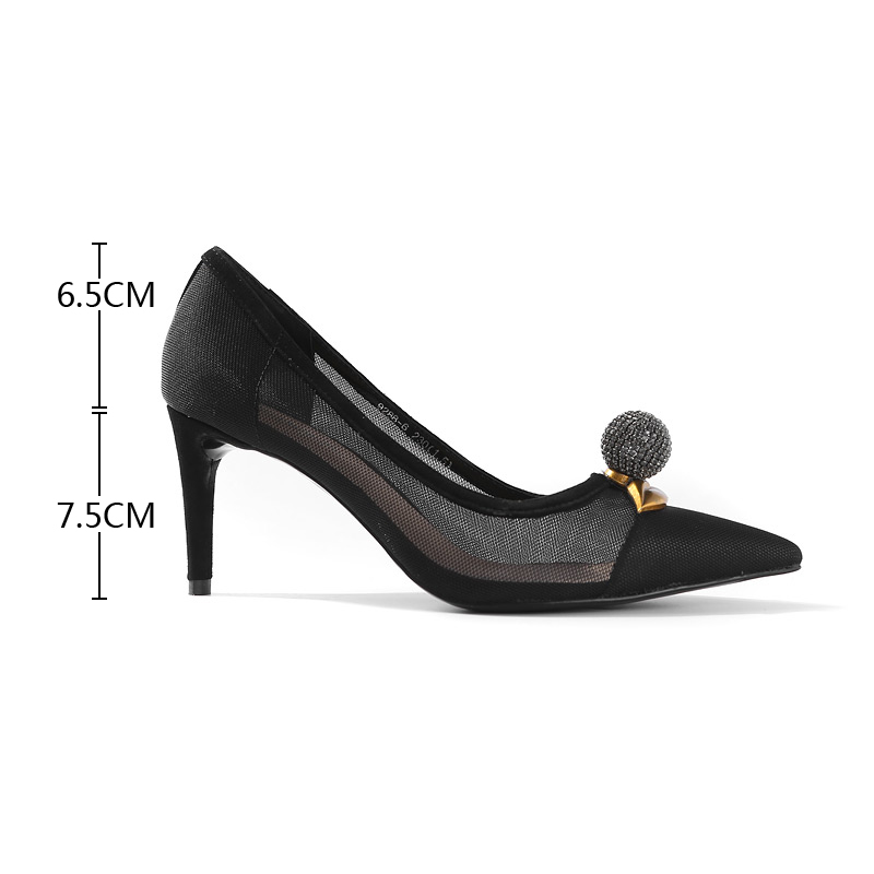 Transparent Mesh High Heels with Pointed Toe, Shiny Diamond Ball Metal Decor, Elegant Women's Summer Loafers