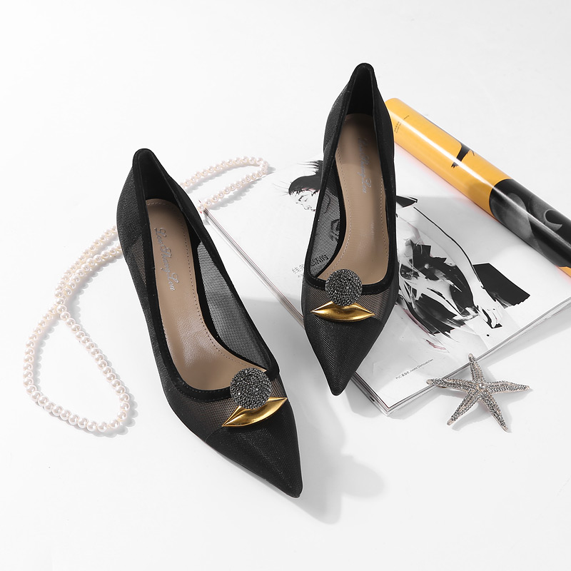 Transparent Mesh High Heels with Pointed Toe, Shiny Diamond Ball Metal Decor, Elegant Women's Summer Loafers