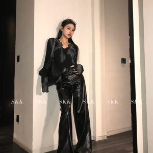 Trendy 2024 Spring Straight PU Leather Pants for Women, Casual Shiny Long Trousers, Fashion Player Style, Y2K Inspired