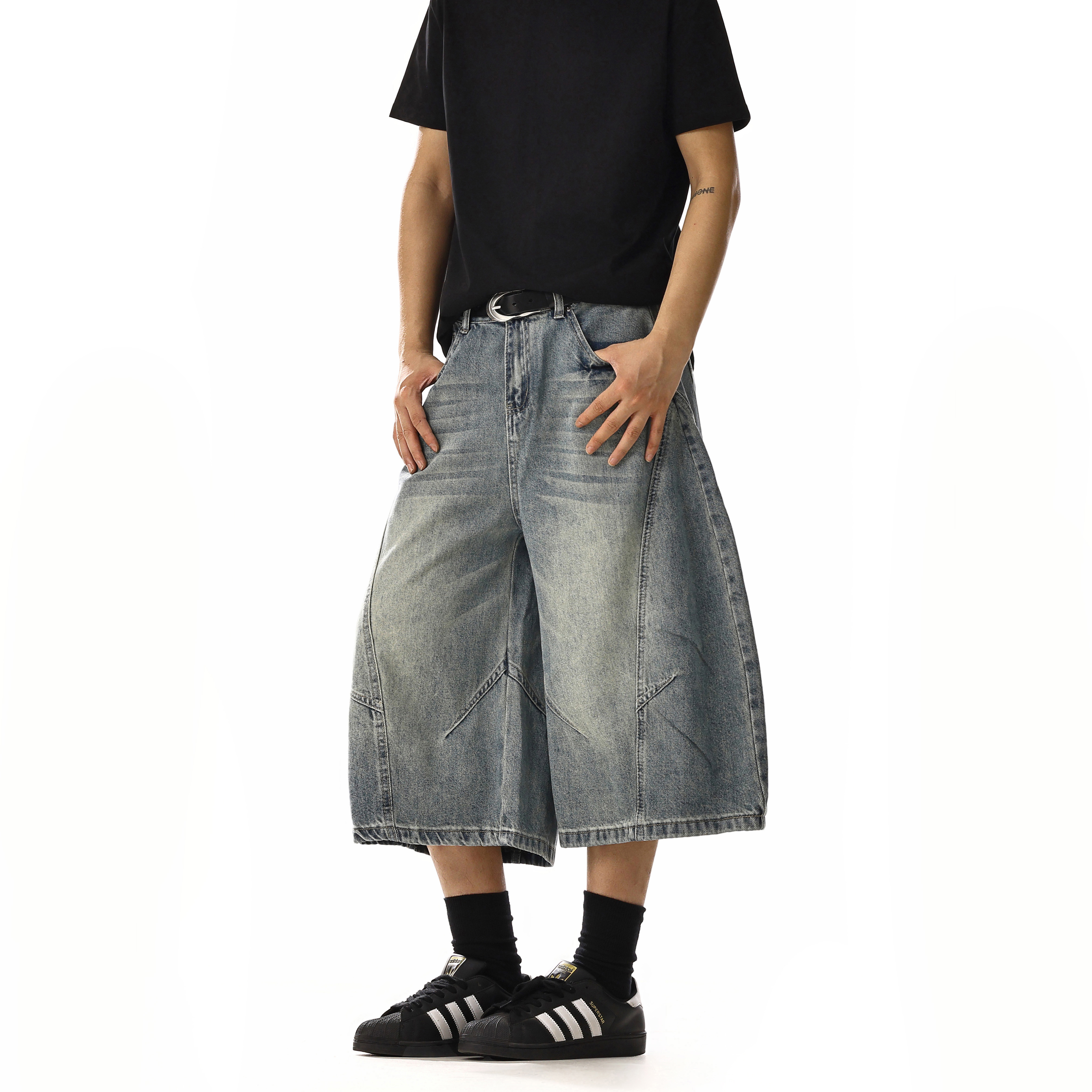 Trendy American Retro Washed Deconstructed Curved Knife Denim Cropped Pants Unisex Streetwear Loose Wide-Leg Shorts