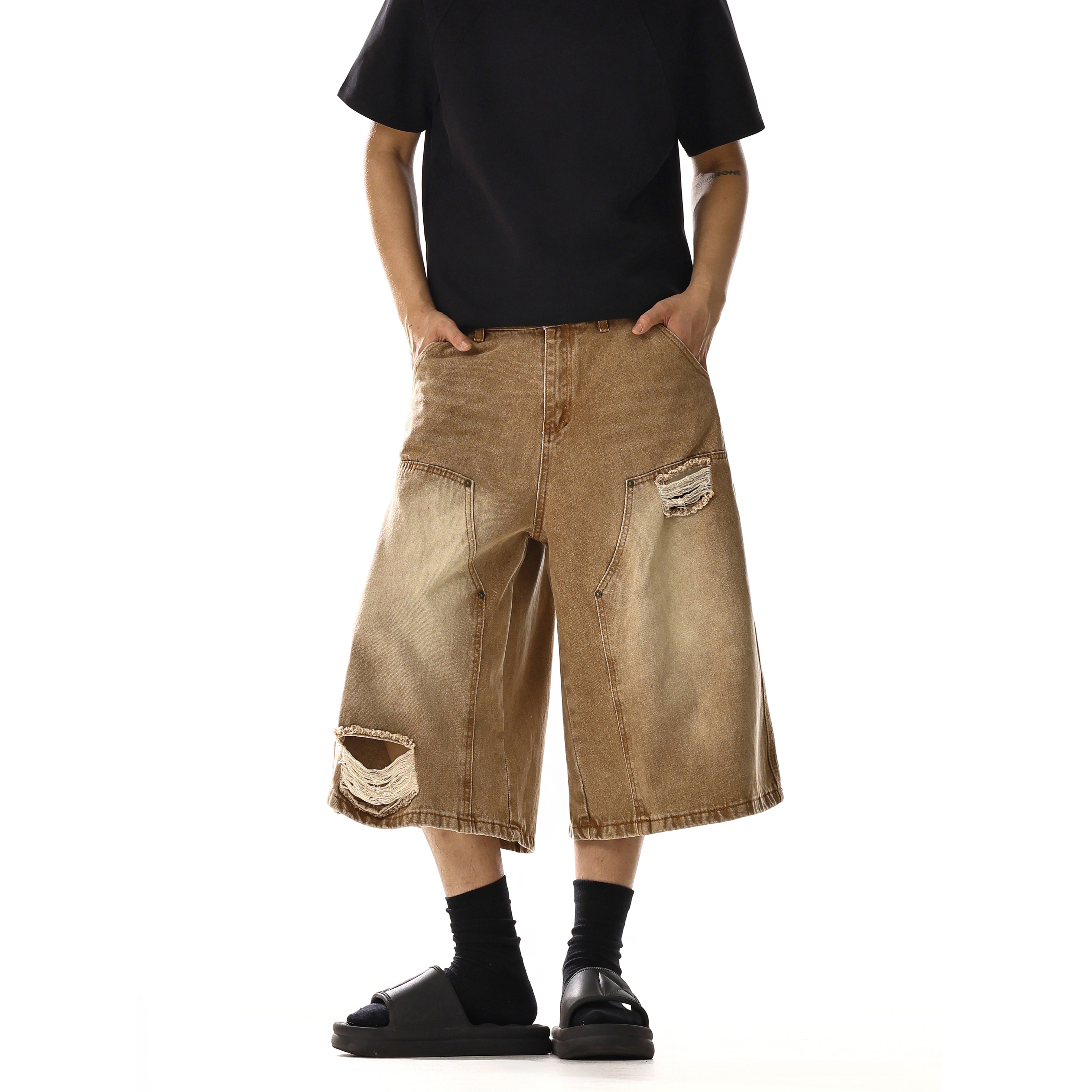 Trendy American Ripped Denim Shorts for Men & Women - Summer Loose Wide-Leg Casual Capri Pants