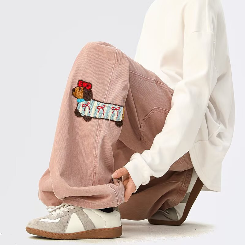 Trendy American Style Patch Embroidery Wide-Leg Casual Pants for Men and Women - Spring Loose Straight Fit