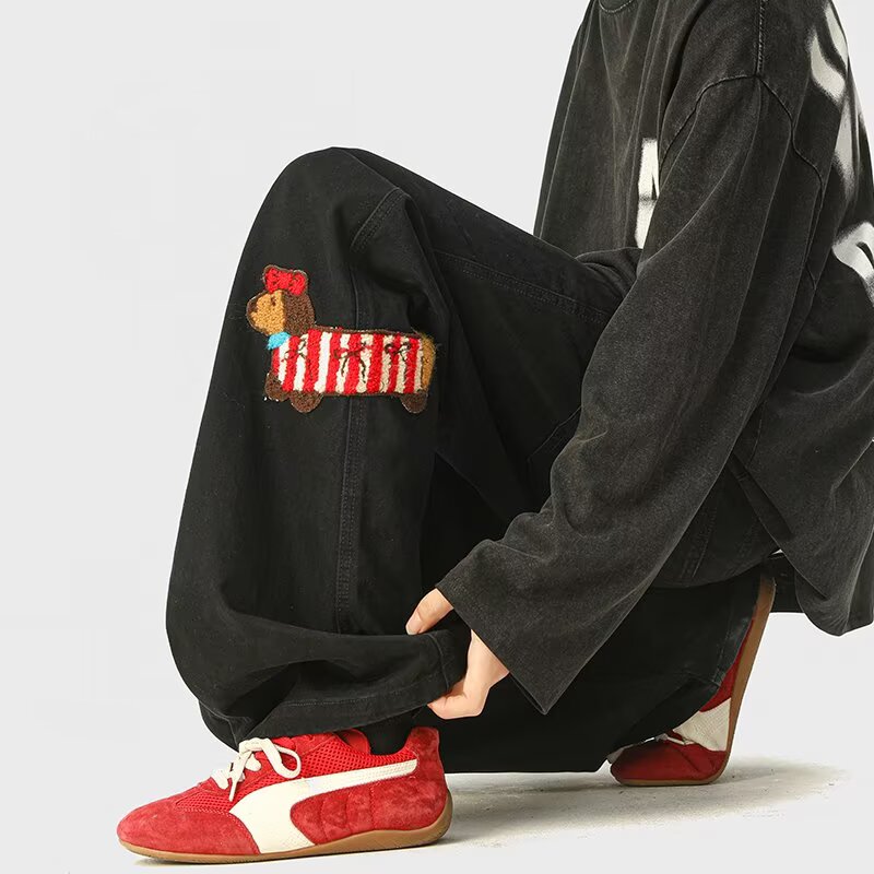 Trendy American Style Patch Embroidery Wide-Leg Casual Pants for Men and Women - Spring Loose Straight Fit