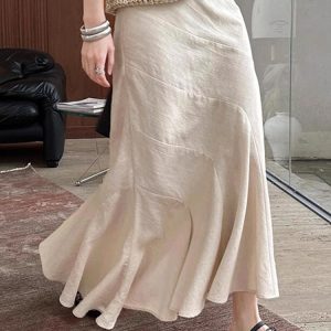 Trendy Apricot Ramie Asymmetric Spliced Bodycon Fishtail Skirt for Women - Summer High-End Quality Fashion Piece