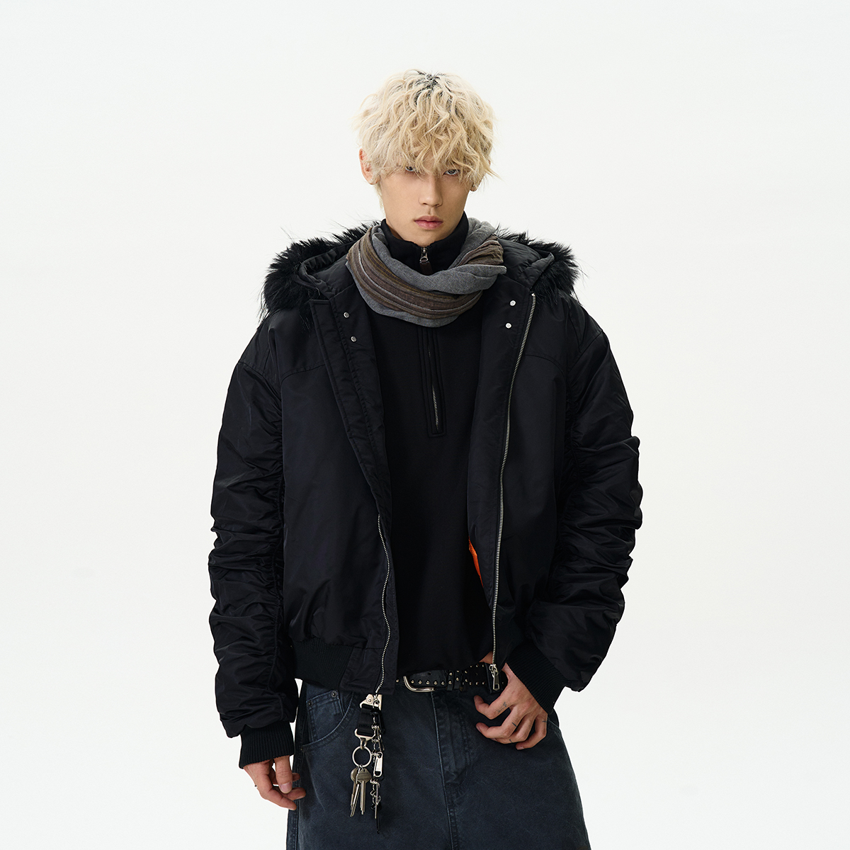 Trendy Black Cotton Hooded Pilot Jacket with Fur Collar, American Street Style, Clean Fit Silhouette