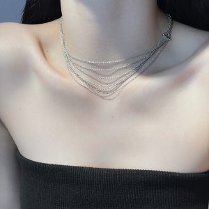 Trendy Doudou-Style Gold and Silver Multi-Layer Tassel Necklace for Women, High-End Decorative Collarbone Chain