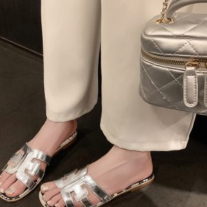 Trendy Genuine Leather One-Strap Sandals for Women - Summer 2025 Slip-On Flat Beach Slippers for Leisure Vacation Style