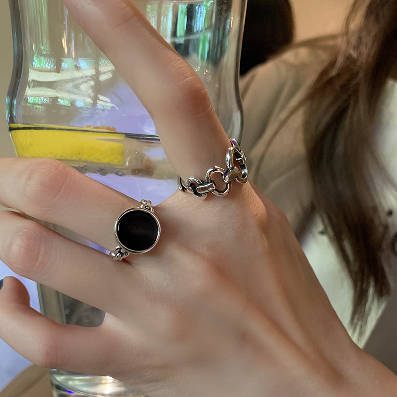 Trendy Korean-Japanese 925 Sterling Silver Open Ring for Women, Retro Black Agate Index Finger Ring with Luxe Style