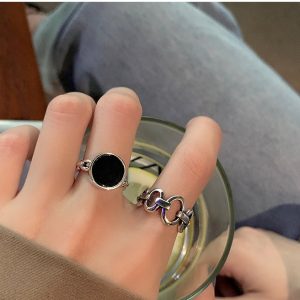Trendy Korean-Japanese 925 Sterling Silver Open Ring for Women, Retro Black Agate Index Finger Ring with Luxe Style