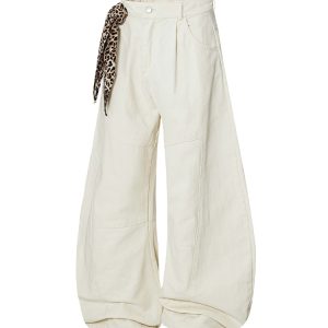 Trendy Leopard Print Wide-Leg Casual Pants with Scarf Detail - Curved Blade Design for Y2K and 90s Style Fashion