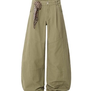 Trendy Leopard Print Wide-Leg Casual Pants with Scarf Detail - Curved Blade Design for Y2K and 90s Style Fashion