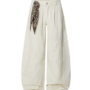 Trendy Leopard Print Wide-Leg Casual Pants with Scarf Detail - Curved Blade Design for Y2K and 90s Style Fashion