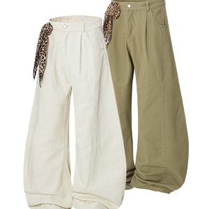 Trendy Leopard Print Wide-Leg Casual Pants with Scarf Detail - Curved Blade Design for Y2K and 90s Style Fashion