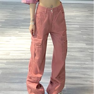 Trendy Pink Work Pants for Women - American Retro Hip-Hop Straight Casual Pants for Street Dance Style