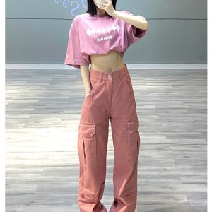 Trendy Pink Work Pants for Women - American Retro Hip-Hop Straight Casual Pants for Street Dance Style
