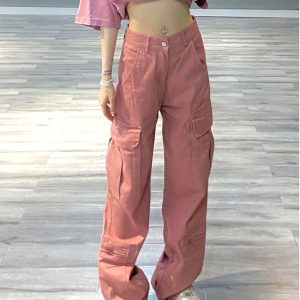 Trendy Pink Work Pants for Women - American Retro Hip-Hop Straight Casual Pants for Street Dance Style