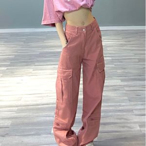 Trendy Pink Work Pants for Women - American Retro Hip-Hop Straight Casual Pants for Street Dance Style