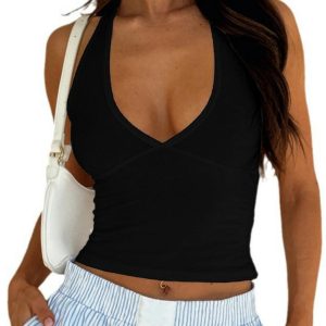 Trendy Solid Color V-Neck Halter Tank Top for Women - Casual Sportswear, Versatile Summer Outerwear 2024