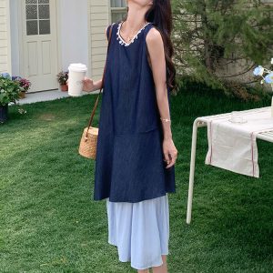 Trendy Spliced Sleeveless Dress for Women - 2025 Summer Style, Loose Fit, Slimming Design for Petite Figures, Casual Tank Dress