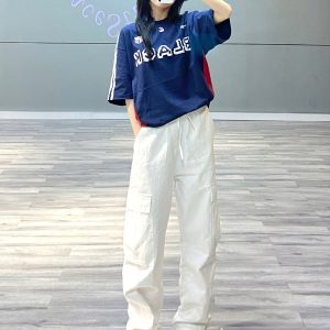 Trendy White Work Pants for Women - Hip-Hop Jazz Dance Long Straight-Leg Joggers, Casual Street Style, 90s Inspired Fashion