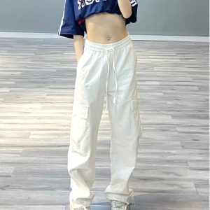 Trendy White Work Pants for Women - Hip-Hop Jazz Dance Long Straight-Leg Joggers, Casual Street Style, 90s Inspired Fashion