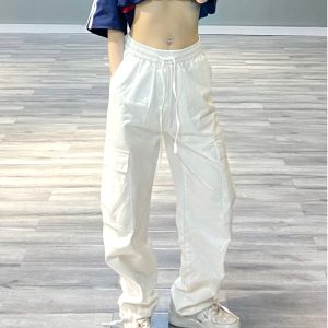 Trendy White Work Pants for Women - Hip-Hop Jazz Dance Long Straight-Leg Joggers, Casual Street Style, 90s Inspired Fashion