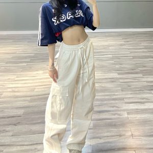 Trendy White Work Pants for Women - Hip-Hop Jazz Dance Long Straight-Leg Joggers, Casual Street Style, 90s Inspired Fashion