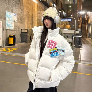 Trendy Winter Velcro Letter Cotton Jacket - Thick Warm Loose Bread Coat for Casual Style