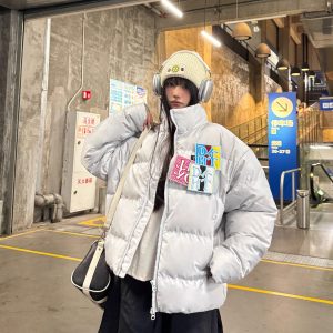 Trendy Winter Velcro Letter Cotton Jacket - Thick Warm Loose Bread Coat for Casual Style