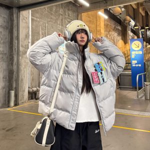 Trendy Winter Velcro Letter Cotton Jacket - Thick Warm Loose Bread Coat for Casual Style