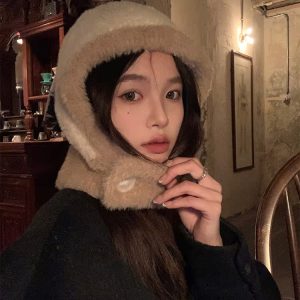 Trendy Women's Balaclava Hat with Scarf, Warm Ear Protection, Autumn Winter Style, Cozy Fashion Accessory