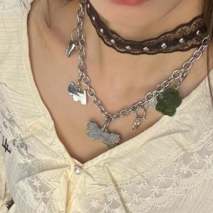 Trendy Y2K Lace Choker Necklace | Layered Metal Dog Bone Clavicle Chain for Sweet Cool Girl Style