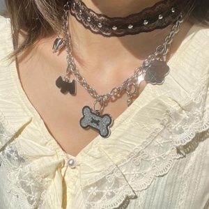 Trendy Y2K Lace Choker Necklace | Layered Metal Dog Bone Clavicle Chain for Sweet Cool Girl Style