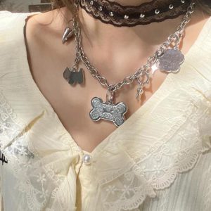 Trendy Y2K Lace Choker Necklace | Layered Metal Dog Bone Clavicle Chain for Sweet Cool Girl Style