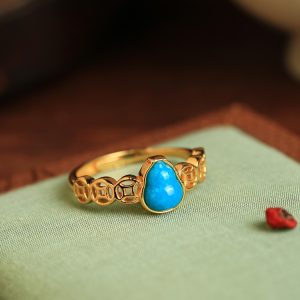 Turquoise and Pure Silver Open Copper Coin Gourd Ring for Women - Chinese Style Good Luck Jewelry with Blue Gold Inlaid Jade