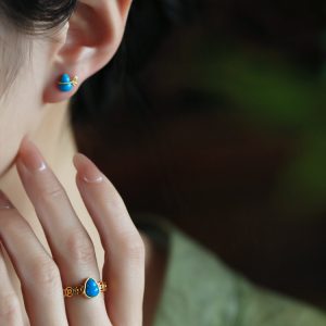 Turquoise and Pure Silver Open Copper Coin Gourd Ring for Women - Chinese Style Good Luck Jewelry with Blue Gold Inlaid Jade