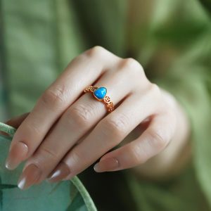 Turquoise and Pure Silver Open Copper Coin Gourd Ring for Women - Chinese Style Good Luck Jewelry with Blue Gold Inlaid Jade