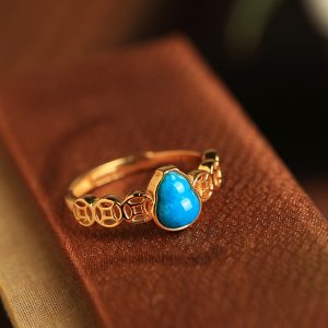 Turquoise and Pure Silver Open Copper Coin Gourd Ring for Women - Chinese Style Good Luck Jewelry with Blue Gold Inlaid Jade