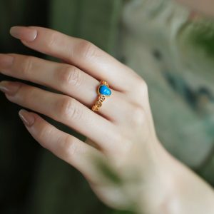 Turquoise and Pure Silver Open Copper Coin Gourd Ring for Women - Chinese Style Good Luck Jewelry with Blue Gold Inlaid Jade