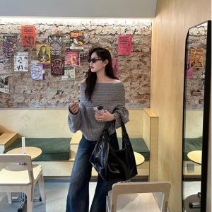 Twisted Knit Off-Shoulder Pullover Sweater - Spring Loose Fit Lazy Style Trendy Fashion for Women