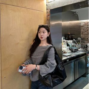 Twisted Knit Off-Shoulder Pullover Sweater - Spring Loose Fit Lazy Style Trendy Fashion for Women