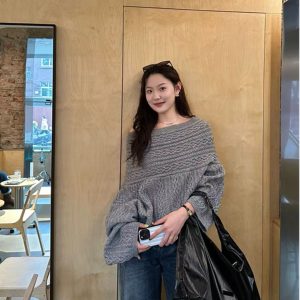 Twisted Knit Off-Shoulder Pullover Sweater - Spring Loose Fit Lazy Style Trendy Fashion for Women